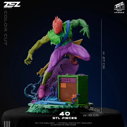 Spider-Punk Marvel Comics 1:6 scale collectible statue in dynamic jump pose with spiked mask, torn punk vest, electric guitar, amplifier, cables, and urban debris base