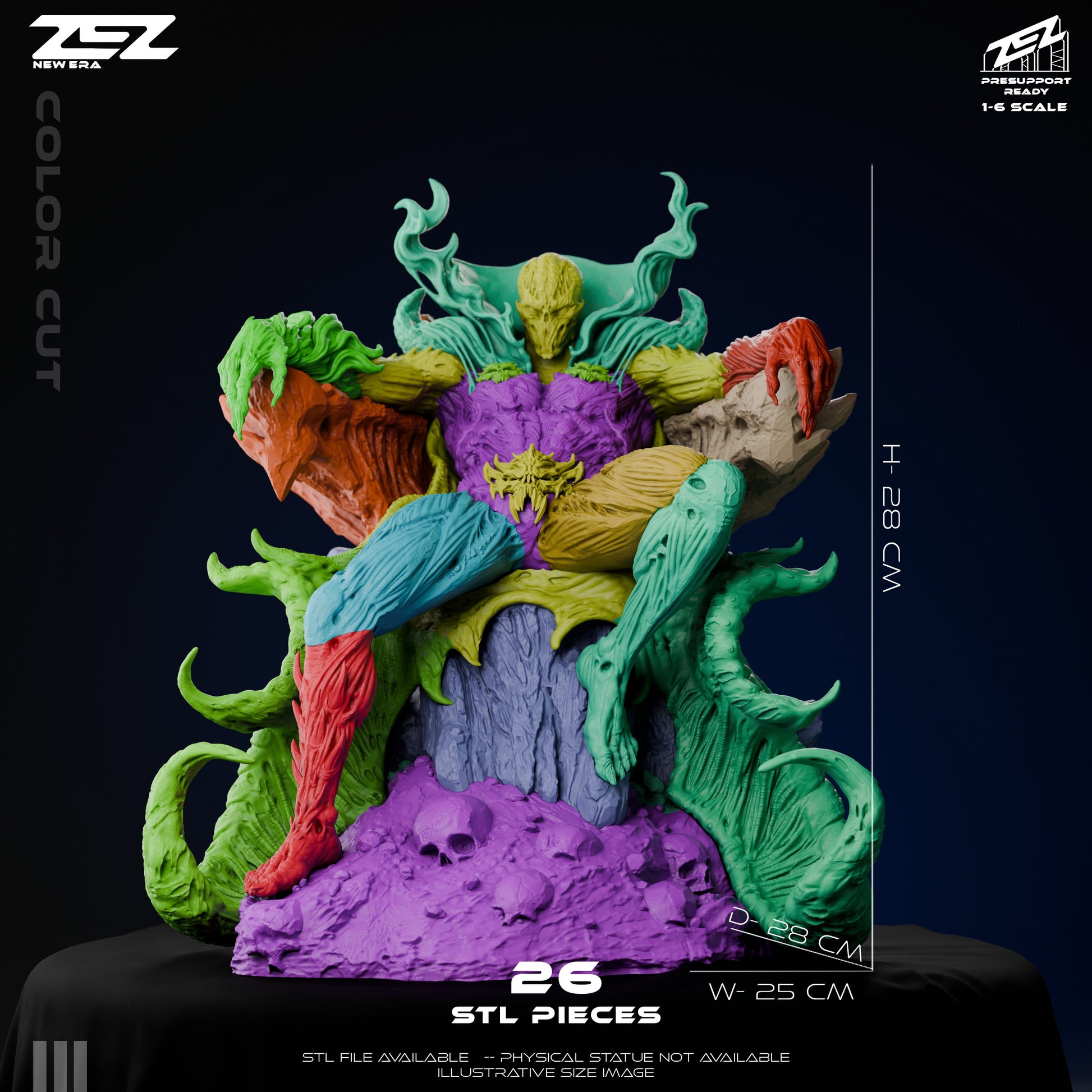 Color-cut render showing all 26 STL components and dimensions for the 1:6 scale Spawn collectible statue.