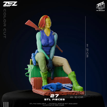 Jill Valentine 1:6 scale figure sitting on rubble base holding handgun with rifle on back Resident Evil collectible statue