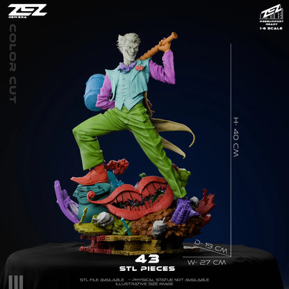 Color cut render of The Joker statue, showing 43 separate STL pieces for modular 3D printing – DC Comics Batman 1:6 scale collectible.