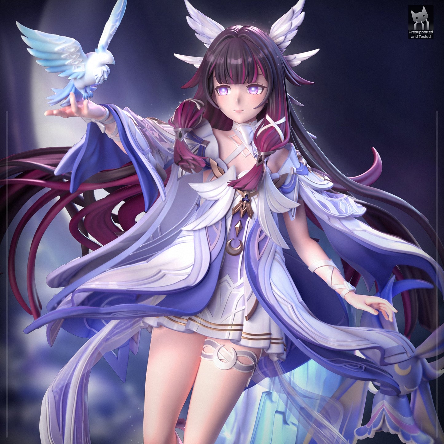 Columbina Genshin Impact 1:7 scale figure front view showing floating pose crescent arc base bird companion and flowing dress