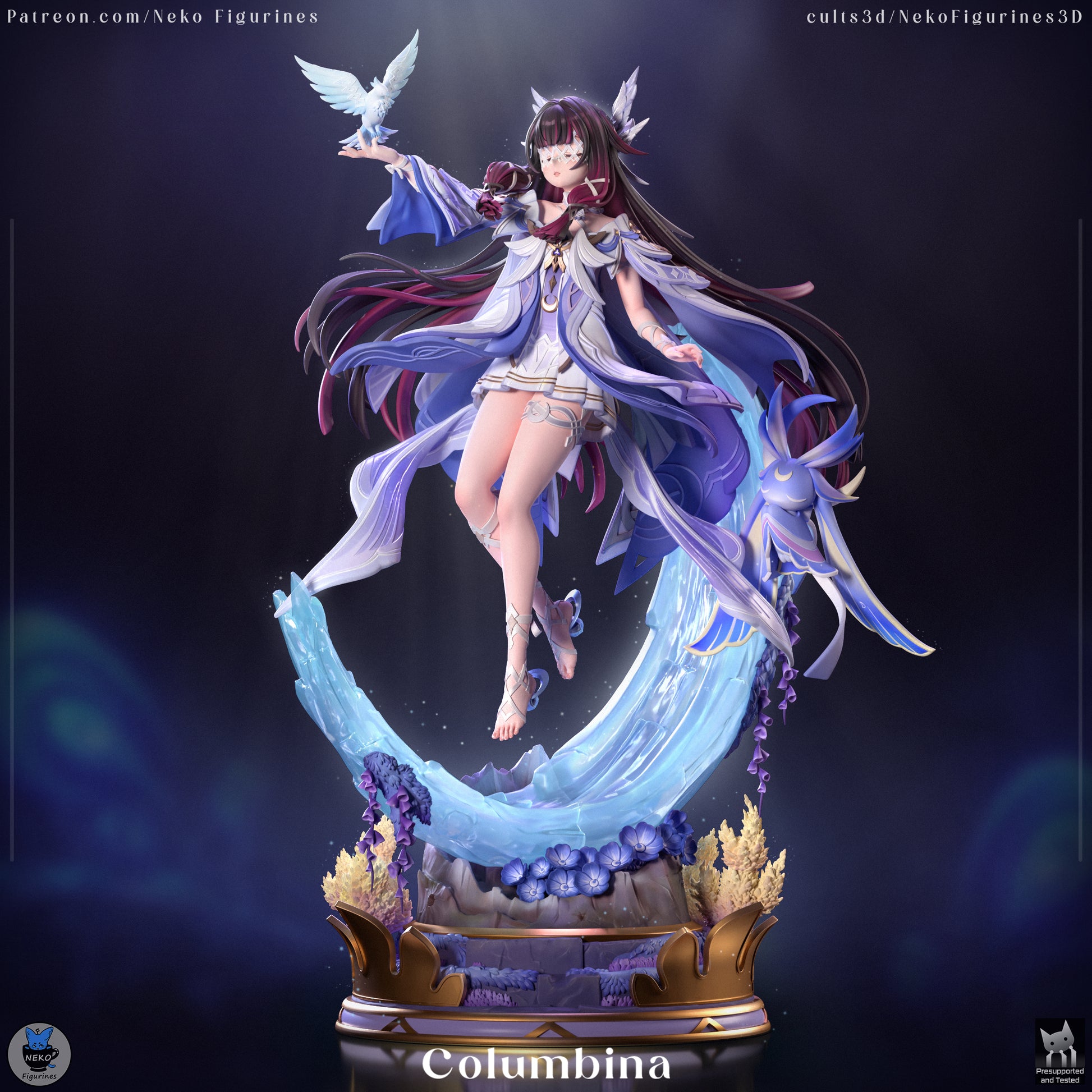 Columbina Genshin Impact statue masked head version showing serene expression floating pose and bird companion