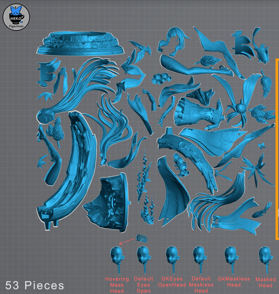 Columbina figure parts layout showing body sections masked and maskless head options bird companion crescent base and decorative elements