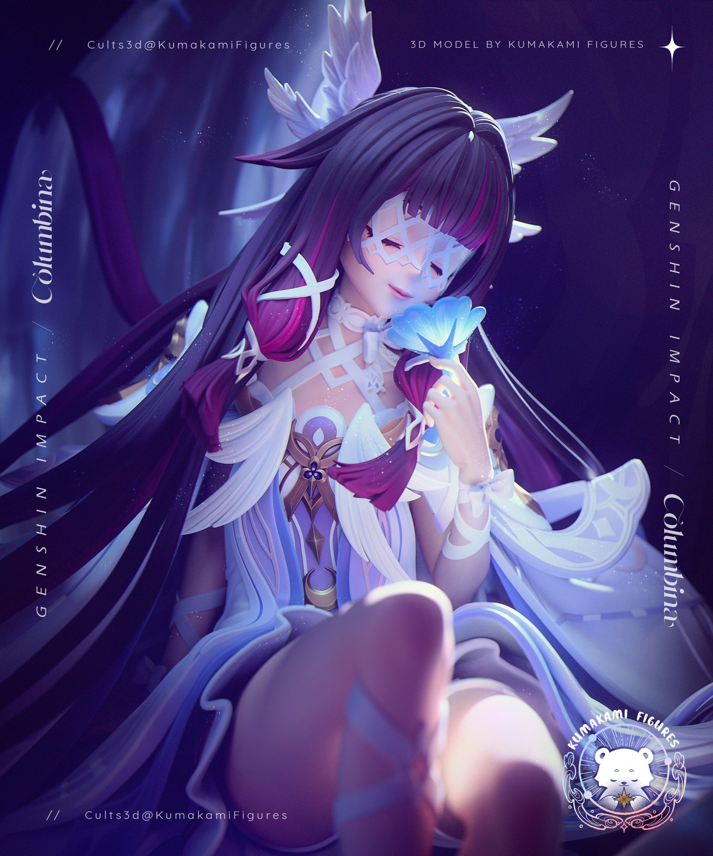 Columbina Genshin Impact figure close-up showing masked head option, long flowing hair, celestial accessories, and delicate facial sculpt