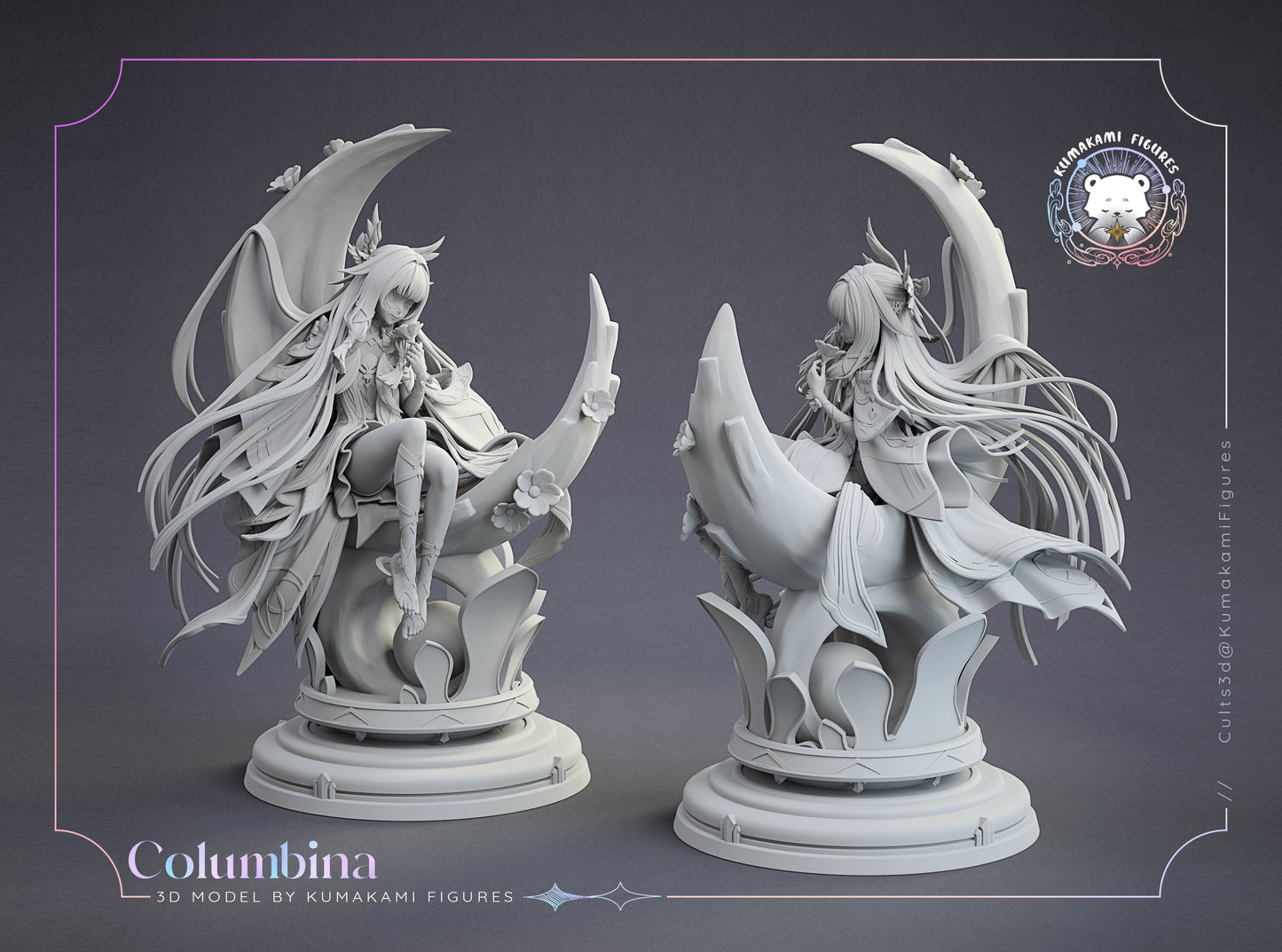 Columbina Genshin Impact 1:8 scale figure front and back views in grayscale showing crescent moon base, layered robes, and dynamic hair flow