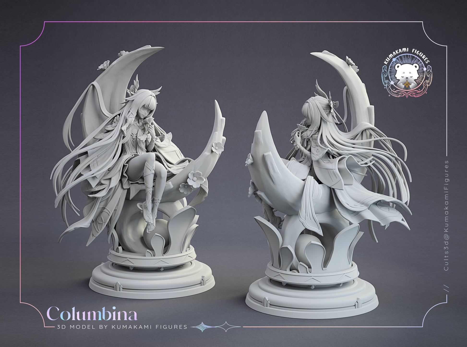 Columbina Genshin Impact 1:8 scale figure front and back views in grayscale showing crescent moon base, layered robes, and dynamic hair flow