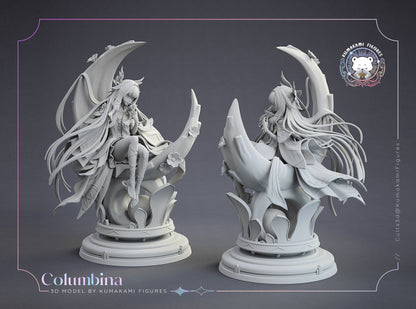 Columbina Genshin Impact 1:8 scale figure front and back views in grayscale showing crescent moon base, layered robes, and dynamic hair flow
