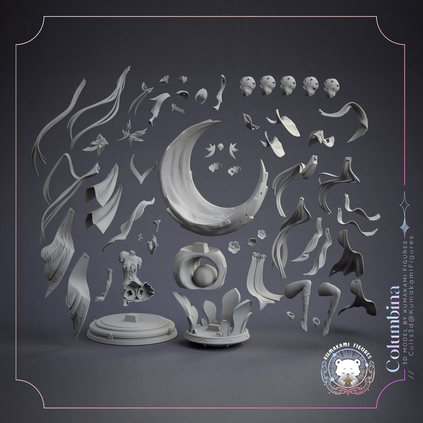 Columbina Genshin Impact 1:8 scale figure parts layout showing crescent moon base, flowing hair segments, robes, arms, legs, and three interchangeable head options