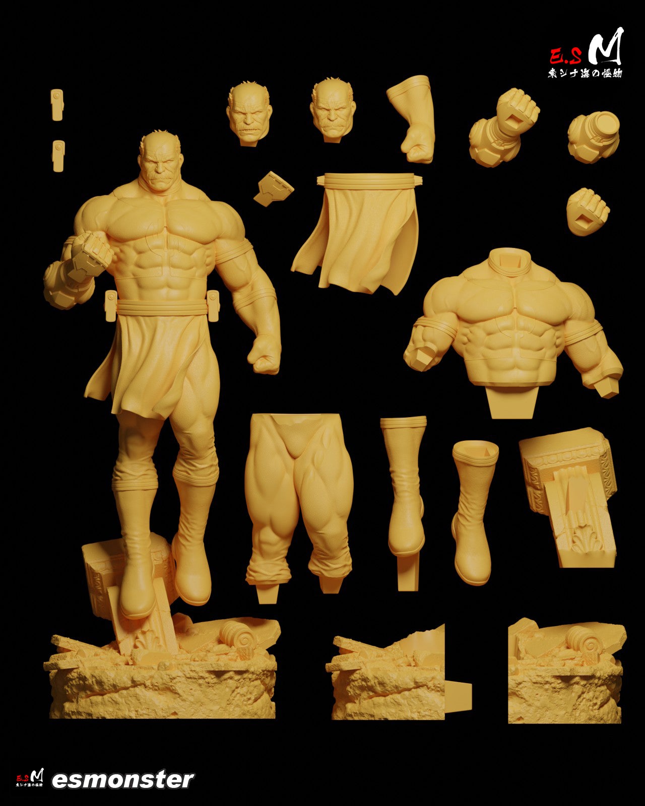 Conquest Invincible 1:6 scale figure parts layout, statue kit components, head options, arms, torso, legs, base pieces, Skybound Comics collectible figure