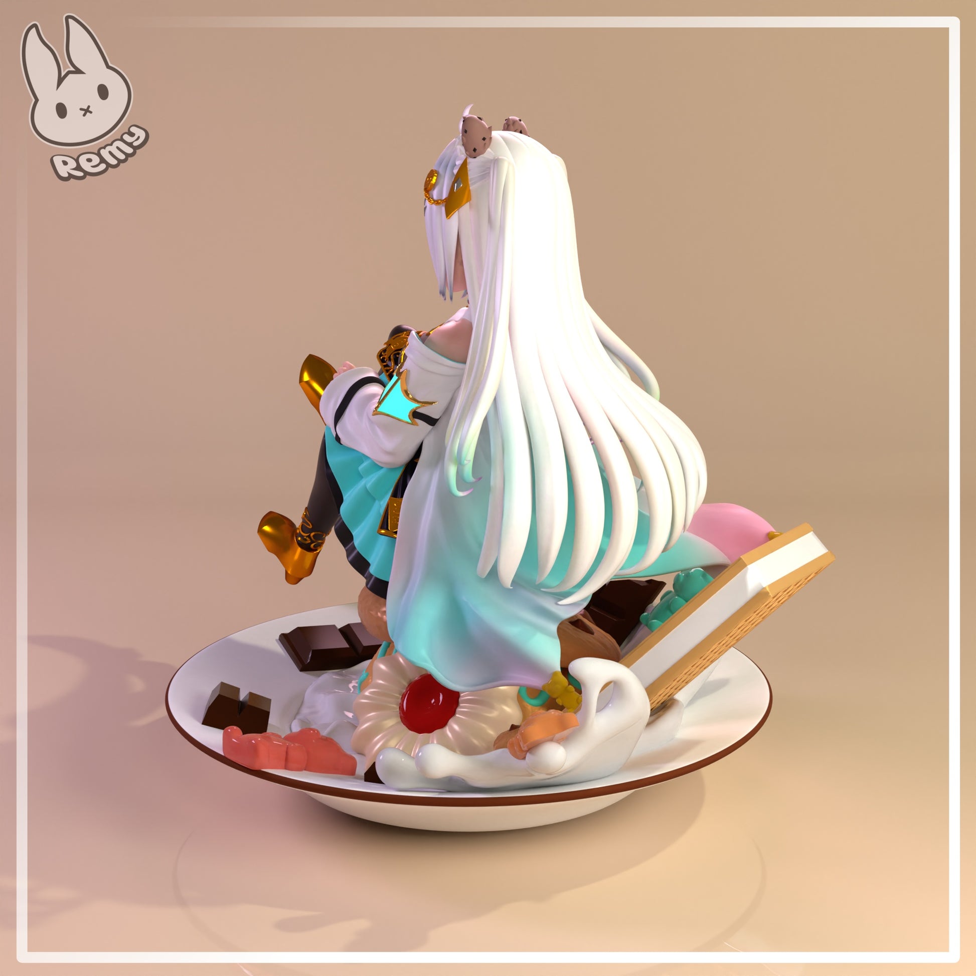 CookieswirlC VTuber 1:7 scale resin diorama back view long twin tail hair flowing cloak dessert plate base anime collectible