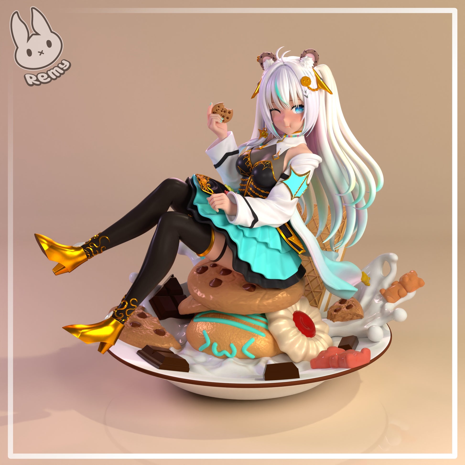 CookieswirlC VTuber 1:7 scale resin diorama front view seated pose dessert themed base cookies chocolate anime collectible