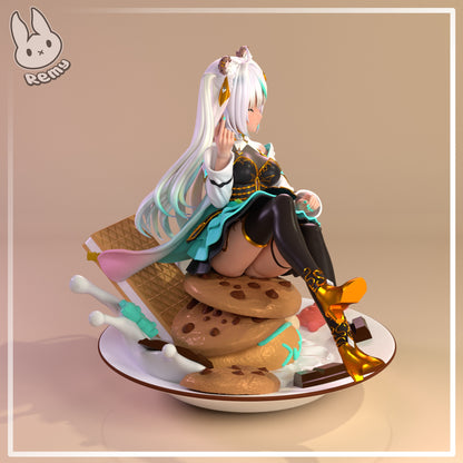 CookieswirlC VTuber 1:7 scale resin diorama side view seated on stacked cookies waffle piece chocolate bars anime collectible