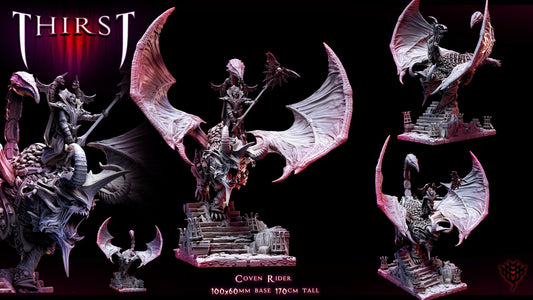 A vampire lord in ornate armor wielding a spiked staff, mounted on a manticore with bat-like wings and large curled horns, posed on a rubble-strewn base.