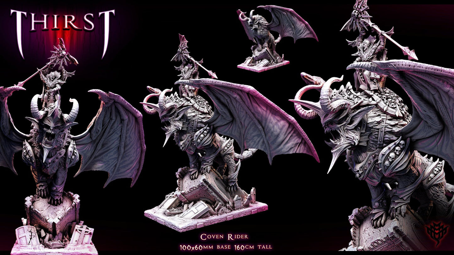 A vampire lord in dark robes holding a staff, riding a winged manticore with a fierce expression and sharp horns, standing atop a rocky base with gothic architecture details.