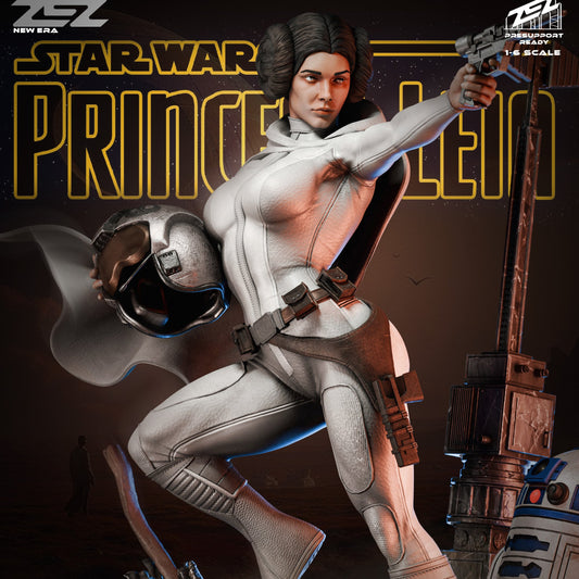 Color-block render of Princess Leia 1:6 scale statue, aiming blaster while standing on scenic base with droid and tech debris, holding helmet, 33-piece STL breakdown