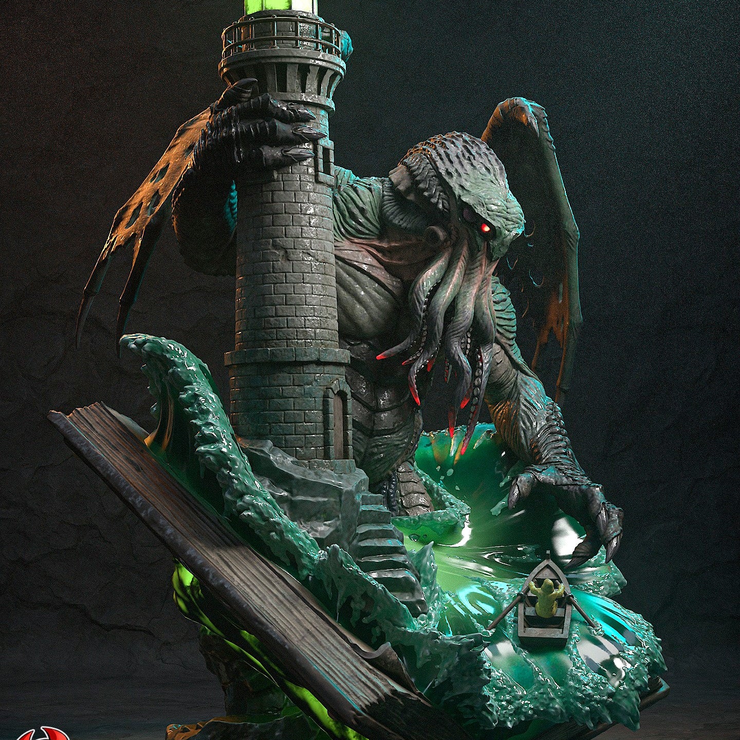 Cthulhu Lovecraftian horror 1:150 scale resin statue painted lighthouse wave book base display collectible