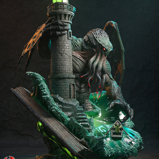 Cthulhu Lovecraftian horror 1:150 scale resin statue painted lighthouse wave book base display collectible