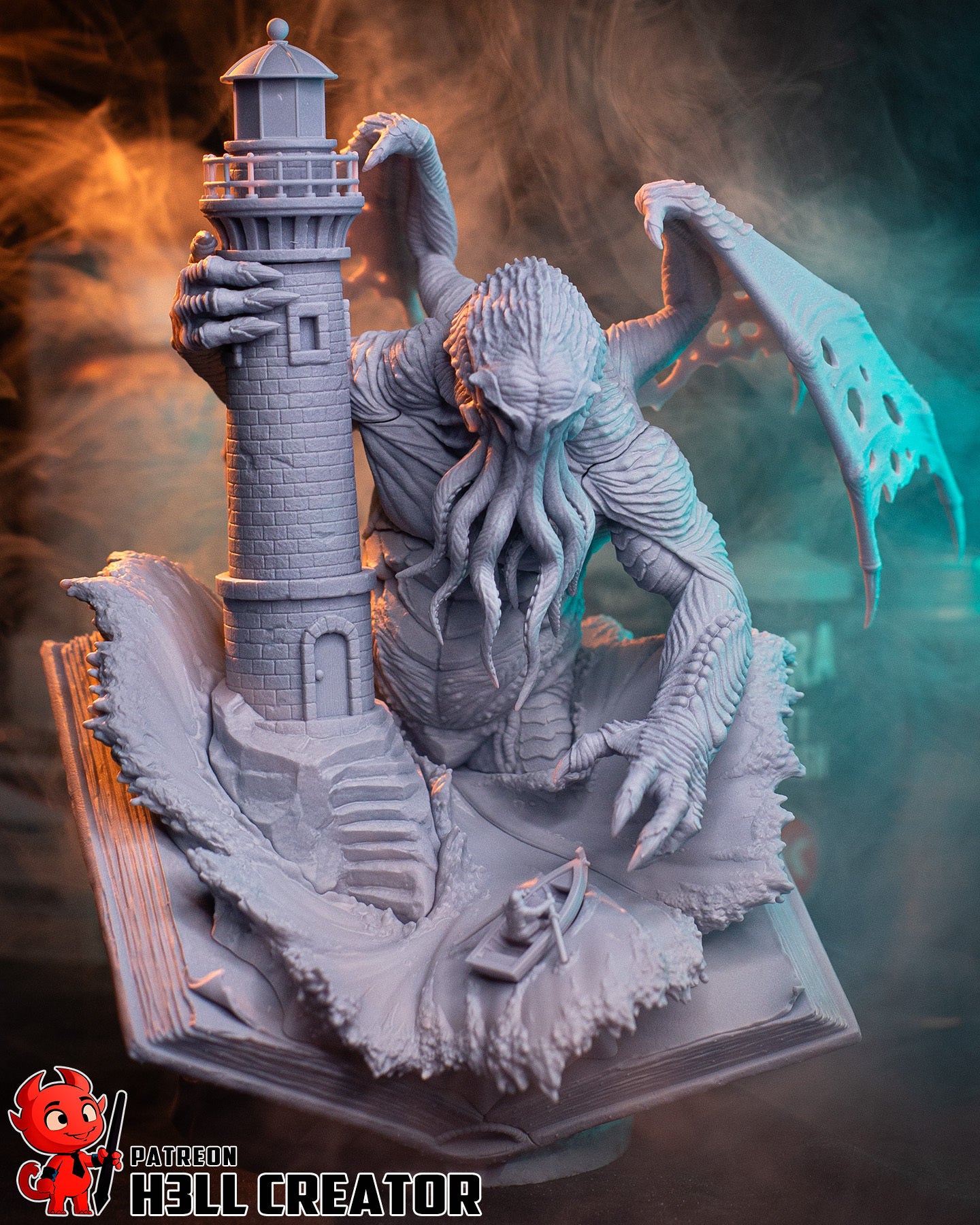 Cthulhu Lovecraftian horror resin statue unpainted front view tentacles lighthouse wave book base