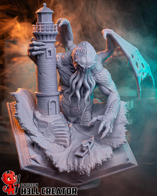 Cthulhu Lovecraftian horror resin statue unpainted front view tentacles lighthouse wave book base