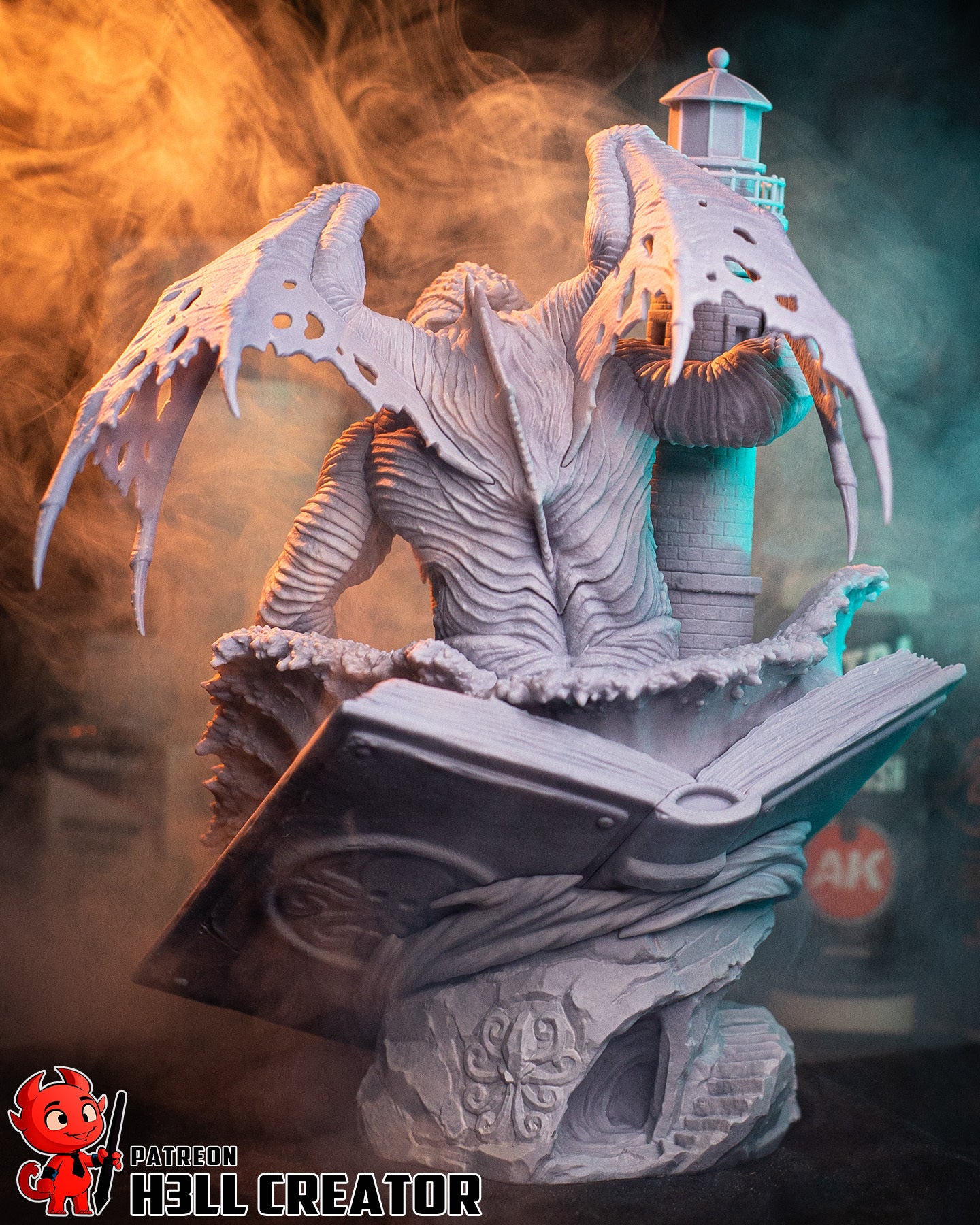 Cthulhu Lovecraftian horror resin statue unpainted rear view wings lighthouse base