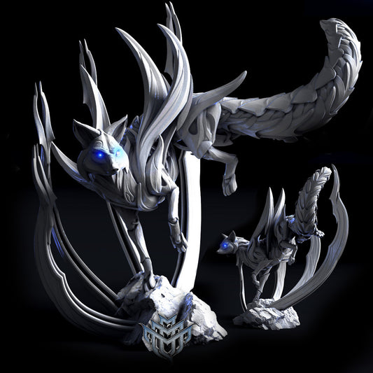 Pose 2 of the Jangling Cur in a crouching stance with glowing eyes, fox-like head, sweeping tail, and ornate arched appendages, displayed on a stone base.