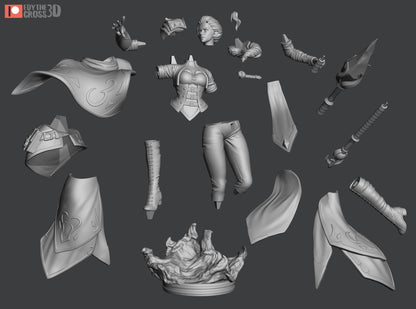 Disassembled 75mm scale model of Jaina Proudmoore, showing her armor, staff, cape, and intricate base in separate pieces.