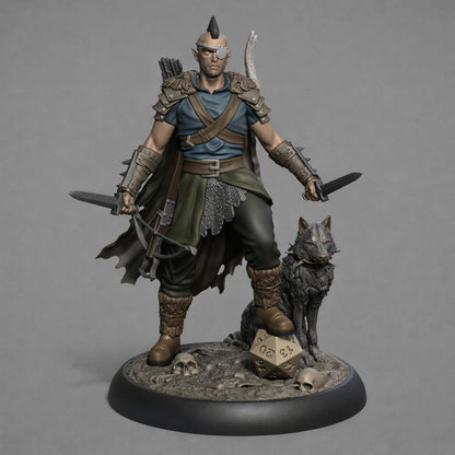 Vael Irix “The Dice Bound” – Elf Ranger with Wolf Companion Tarn – Custom Fantasy Miniature