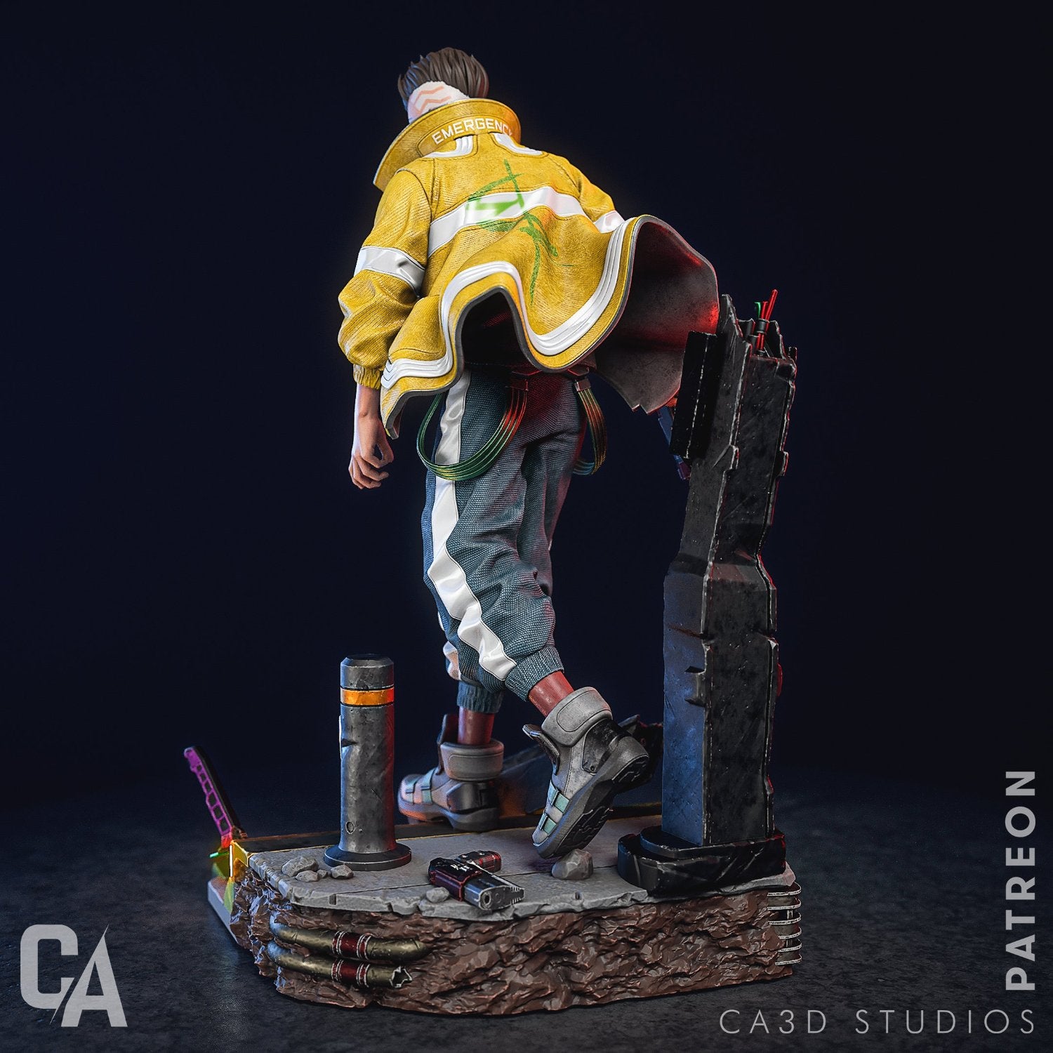 Rear view of David Martinez figurine with yellow jacket, cyber-enhanced spine, and urban sci-fi setting details.