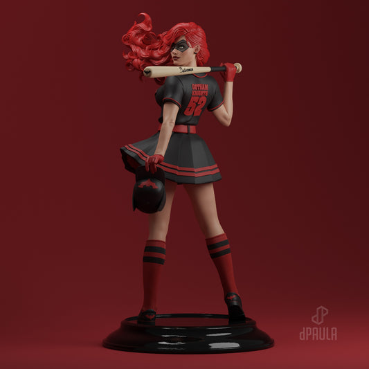 Front view of Batwoman Bombshell 1:6 scale collectible figure from DC Comics, posed holding a baseball bat across her shoulders, wearing a Gotham Knights uniform and mask on a display base.