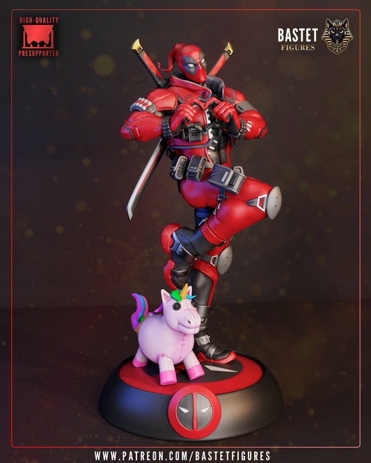 Deadpool Marvel Rivals painted statue red black suit unicorn base dynamic pose collectible