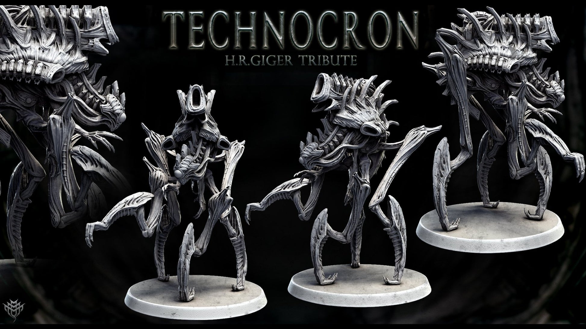 Death Colossus miniature with elongated limbs, segmented exoskeleton, and bio-mechanical details in a dark H.R. Giger-inspired design.