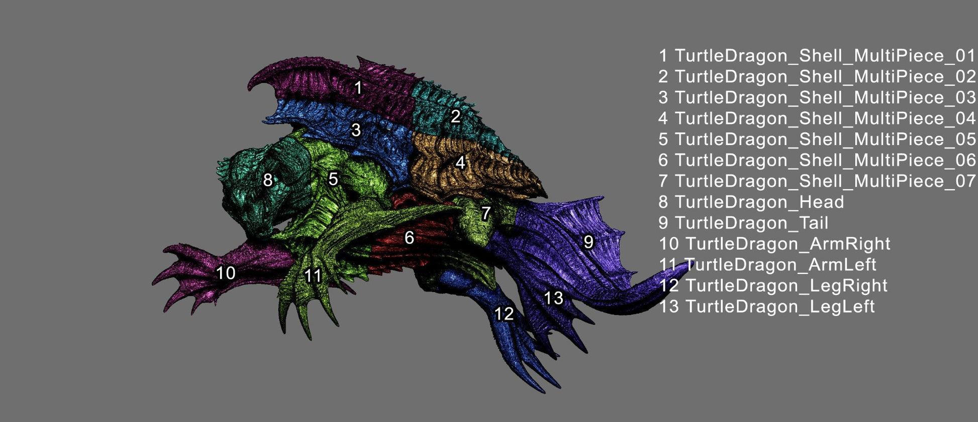 Multi-piece assembly breakdown of the Depth Dragon, showcasing its shell, limbs, and intricate details.