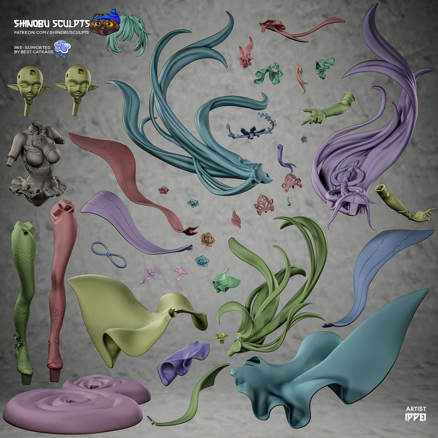 Cyrene Honkai Star Rail 1:8 scale figure parts layout showing segmented hair pieces, limbs, torso, base, dress elements, accessories, and assembly components for collectible anime figure.