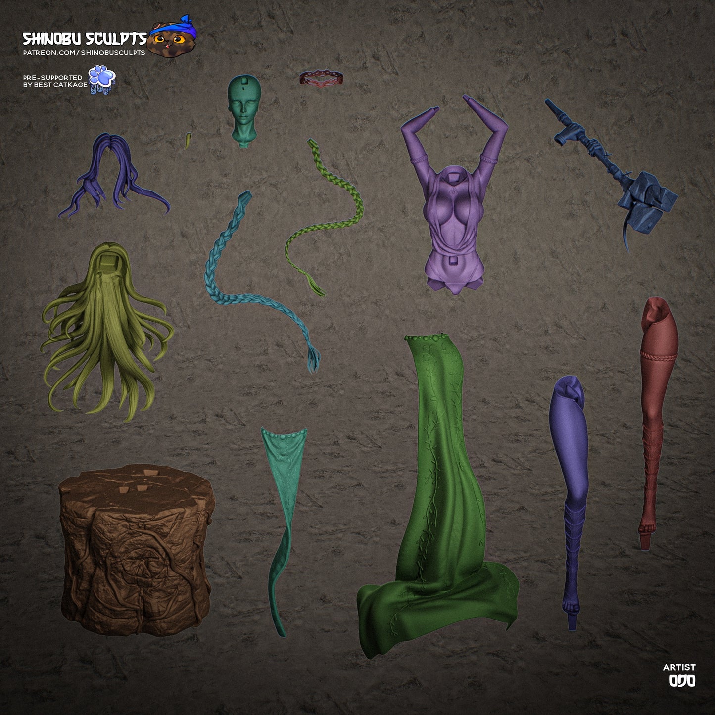 Marika Elden Ring statue parts layout showing head, torso, arms, hair pieces, legs, clothing sections, weapon, and pedestal components.