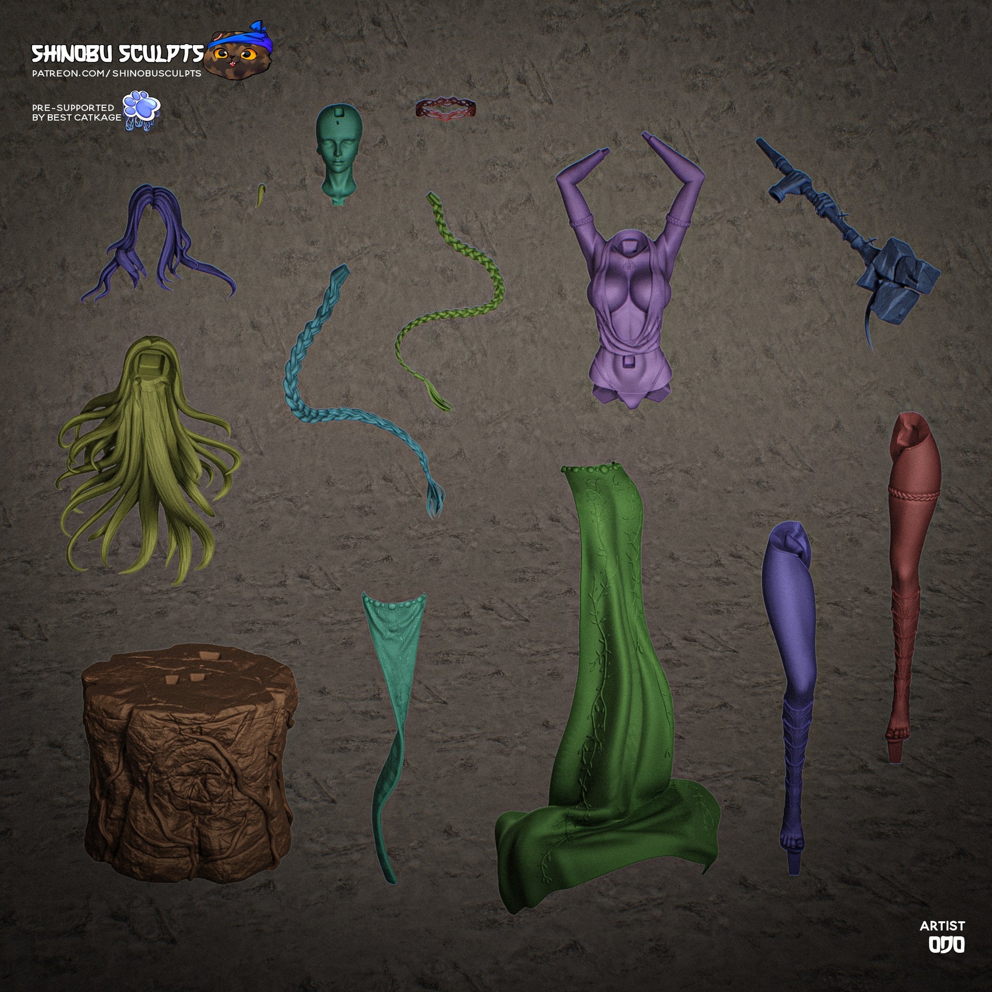 Marika Elden Ring statue parts layout showing head, torso, arms, hair pieces, legs, clothing sections, weapon, and pedestal components.