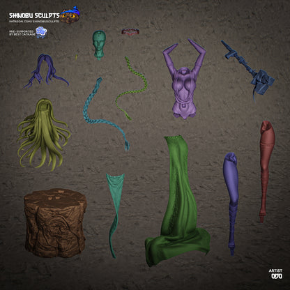 Marika Elden Ring statue parts layout showing head, torso, arms, hair pieces, legs, clothing sections, weapon, and pedestal components.