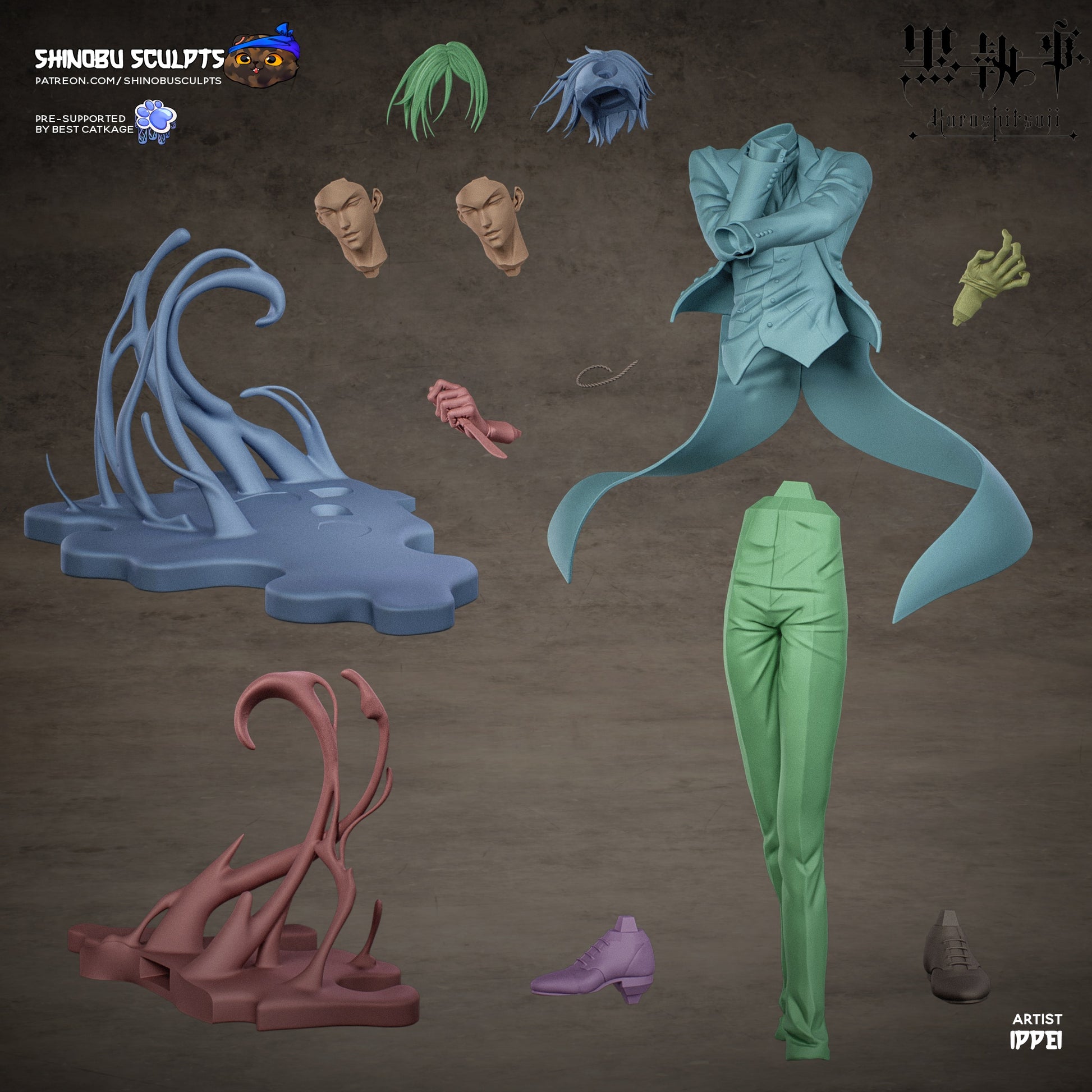 Exploded parts layout of Sebastian Michaelis statue showing modular pieces including multiple heads, hair, hands, base, and coat.