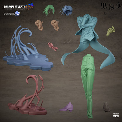 Exploded parts layout of Sebastian Michaelis statue showing modular pieces including multiple heads, hair, hands, base, and coat.