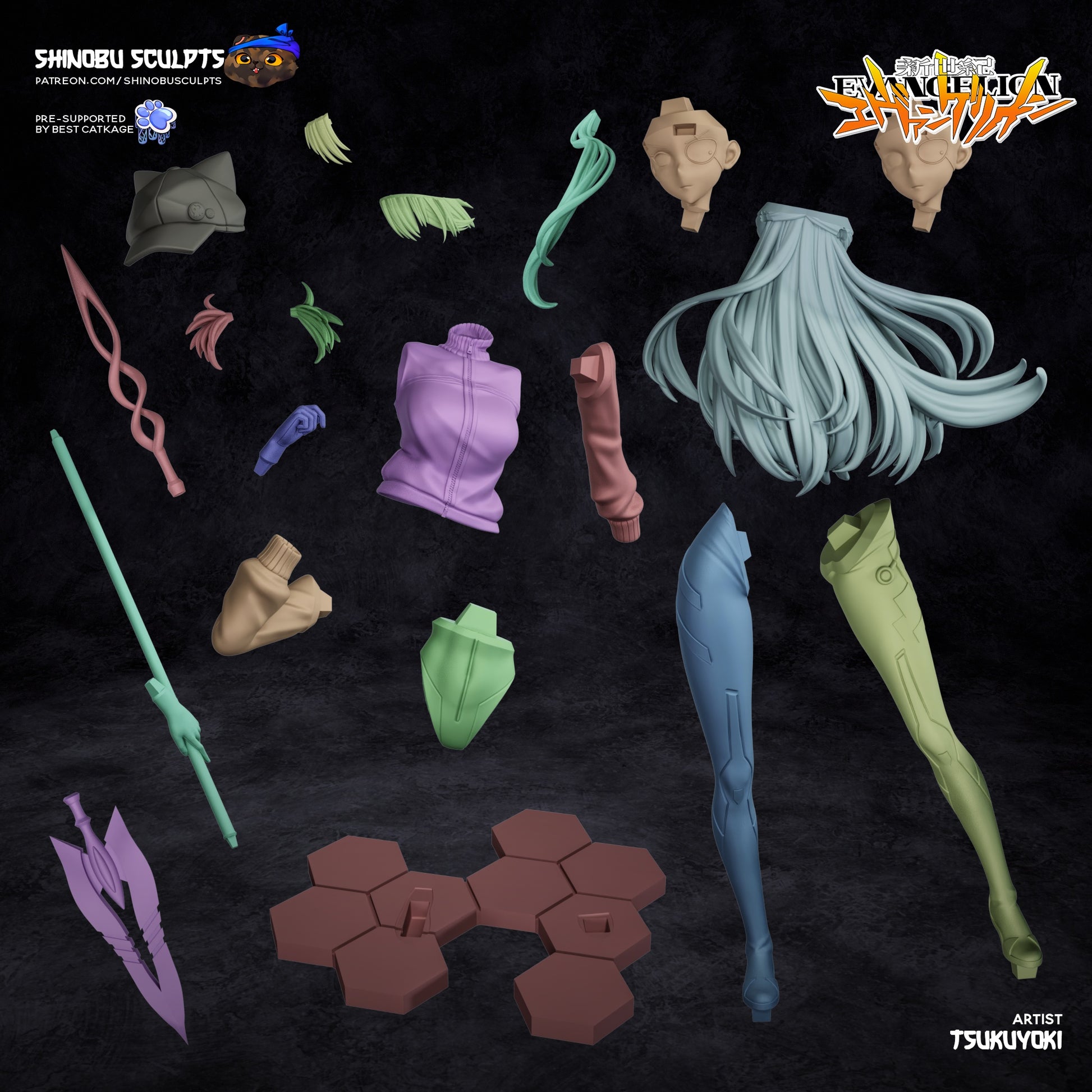 Asuka Langley figure assembly layout showing detailed modular parts including head, limbs, jacket, base, and weapon.