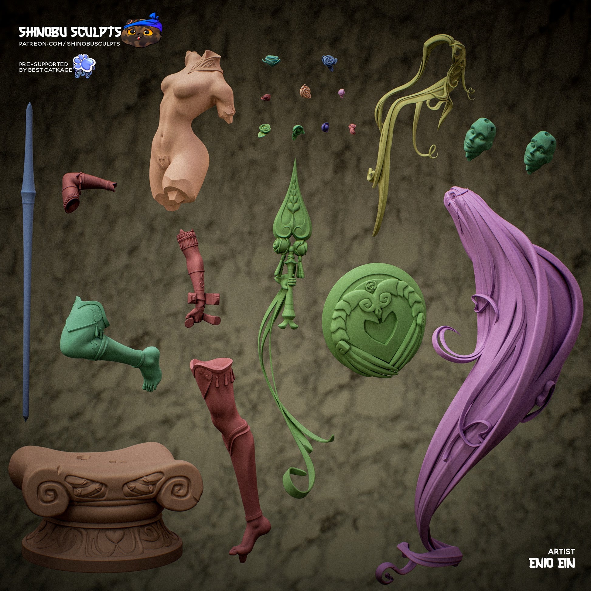 Exploded view showing all statue parts including body, limbs, hair, spear, shield, and base components.