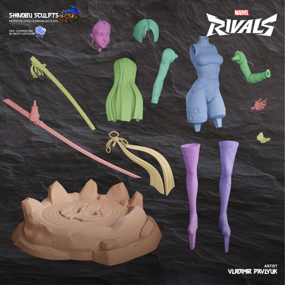 Psylocke Marvel Rivals 1:8 scale statue modular parts layout including head, torso, arms, legs, katana, sash, psi-effect, and display base.