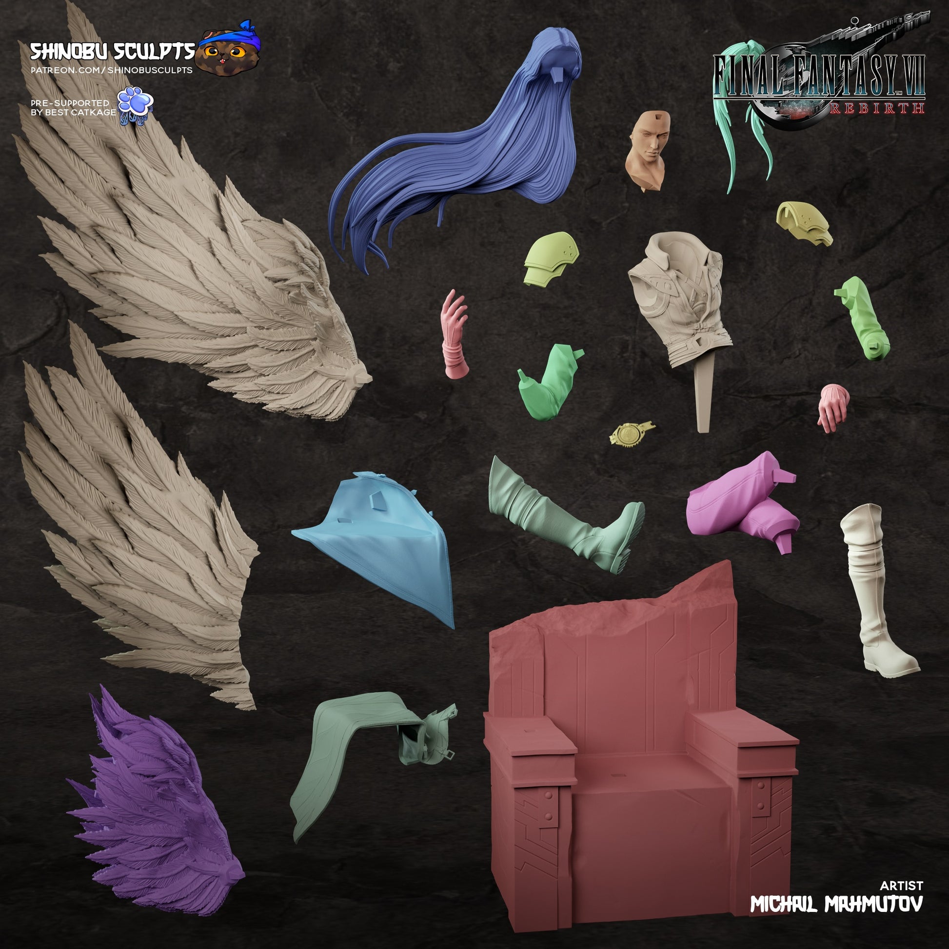 Disassembled parts layout of Sephiroth figure kit, including head, wings, arms, hair, throne, and clothing components.