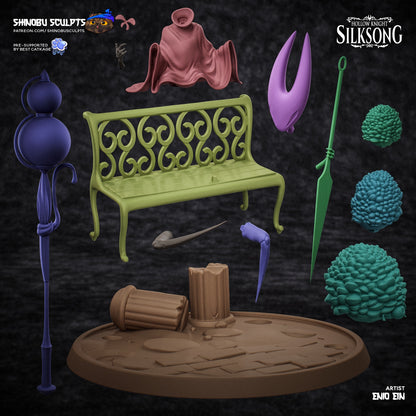 Hornet Hollow Knight Silksong 1:8 scale figure unassembled parts, including head, cloak, needle weapon, bench, lantern, foliage, and round display base.