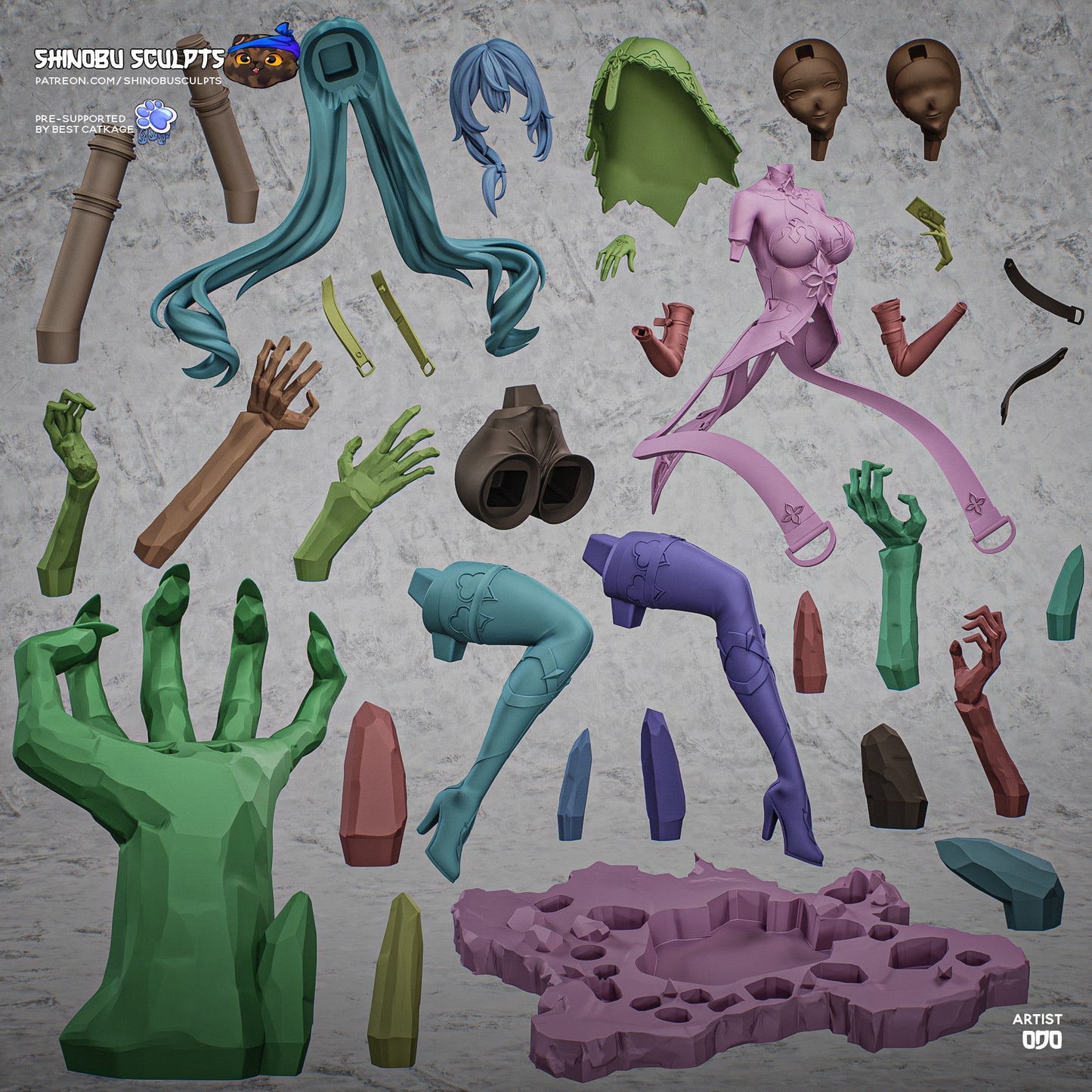 Breakdown image showing all individual sculpted parts of the Black Swan 1:8 scale figure including hair, outfit, limbs, throne, and base components.