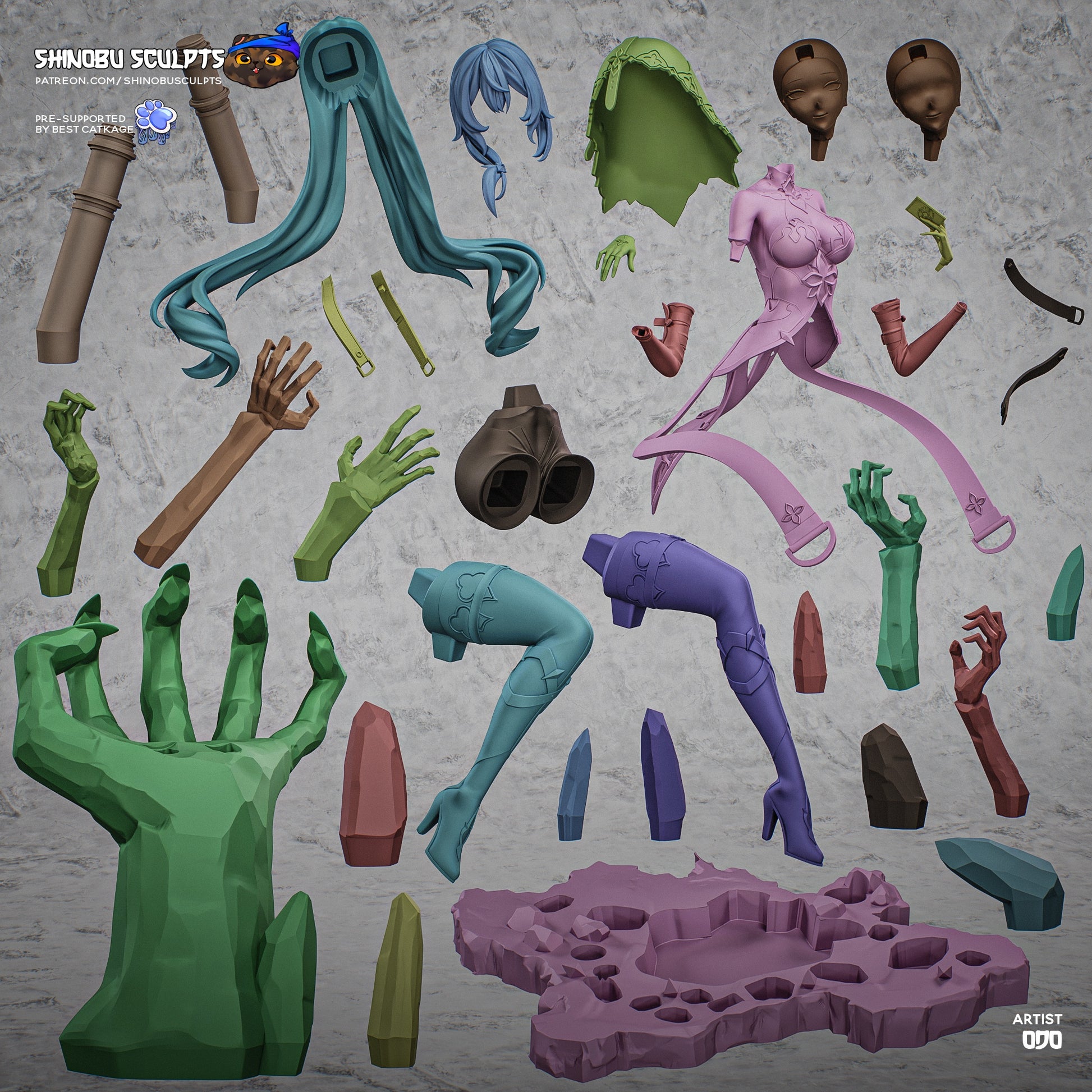 Breakdown image showing all individual sculpted parts of the Black Swan 1:8 scale figure including hair, outfit, limbs, throne, and base components.