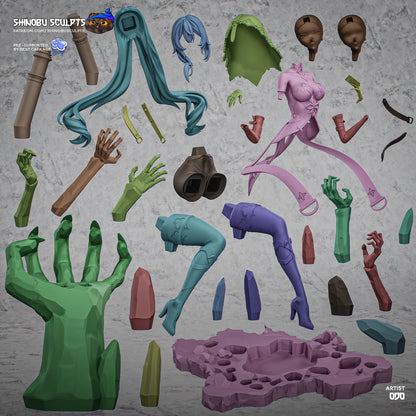 Breakdown image showing all individual sculpted parts of the Black Swan 1:8 scale figure including hair, outfit, limbs, throne, and base components.