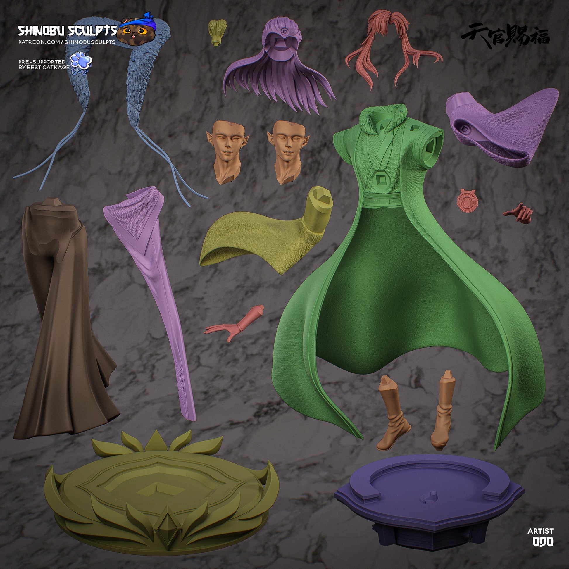 Qi Rong collectible figure parts layout showing interchangeable heads, hair, and modular assembly pieces.