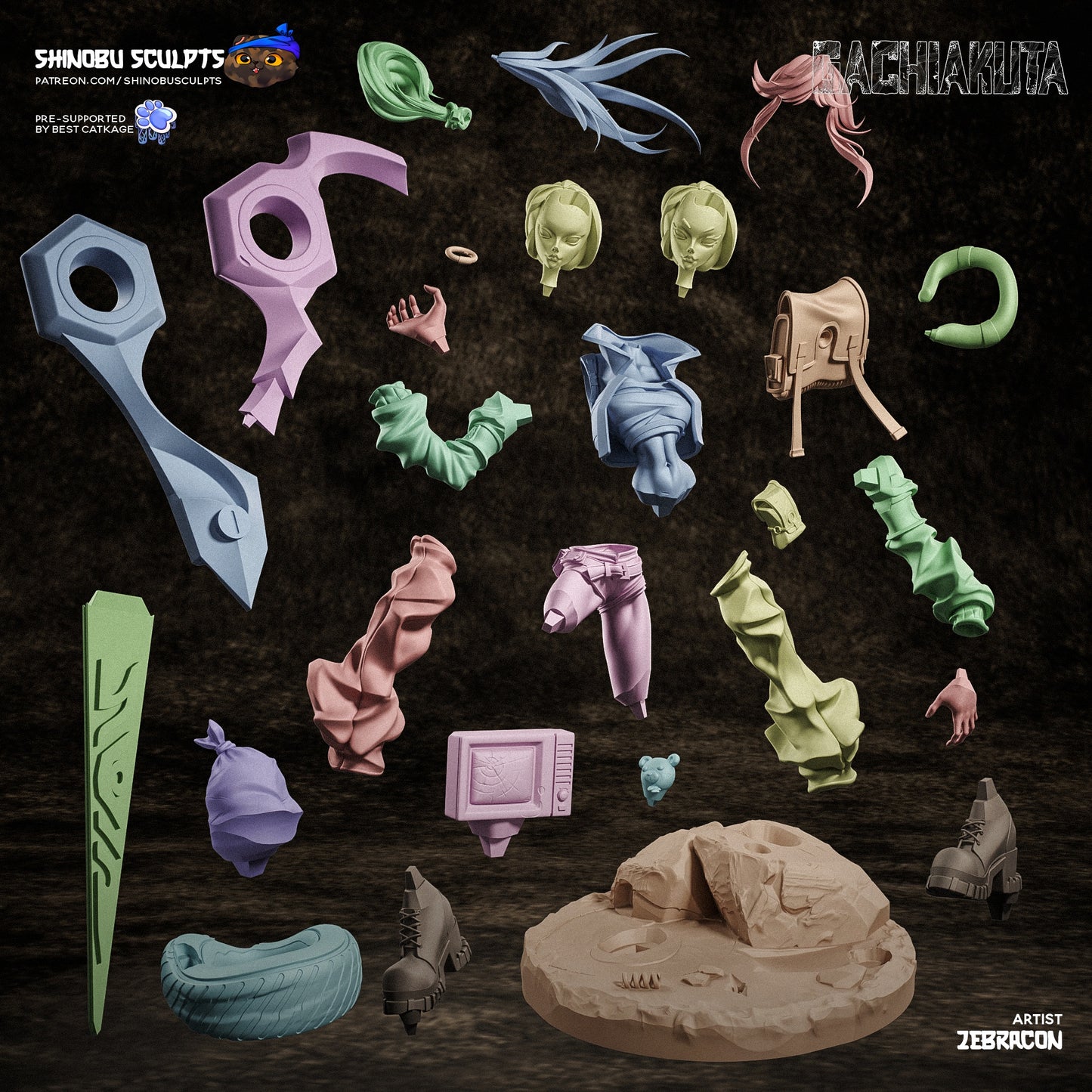 Disassembled parts layout of Riyo Reaper collectible kit, including head, arms, legs, scissor blade, base, and accessories.