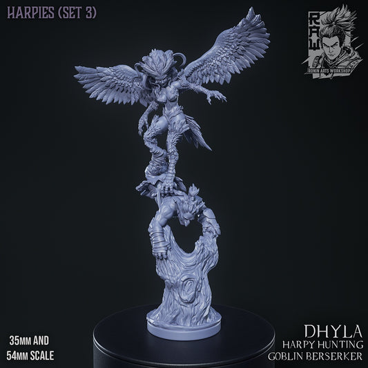 Dhyla harpy hunter miniature gray render with large feathered wings extended, talons gripping goblin berserker on twisted tree trunk base, Dungeons and Dragons fantasy monster 35mm 54mm