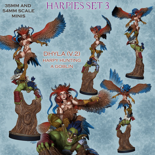 Dhyla harpy hunter miniature painted collage showing wings spread wide while pinning goblin berserker to tree trunk, fantasy Dungeons and Dragons flying monster 35mm 54mm scale